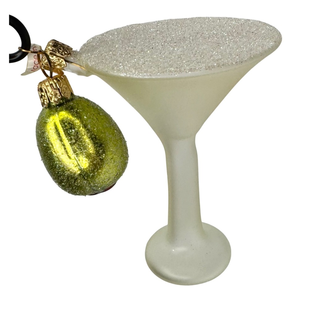 NEW Martini Blown Glass Ornament Olive White Green Bar Christmas Decor Poland
